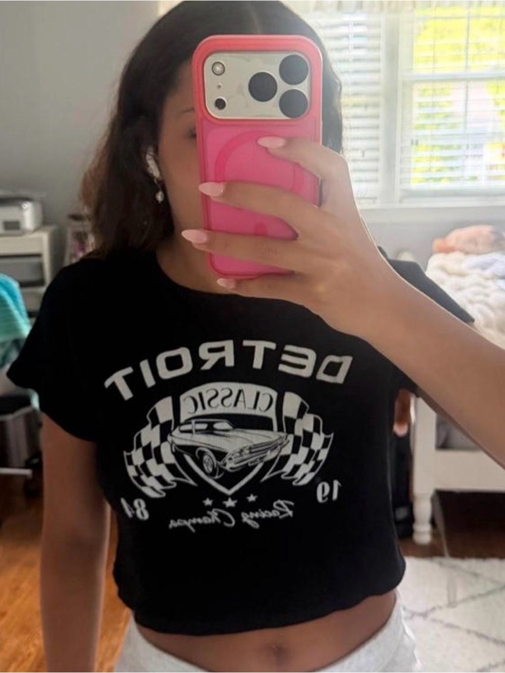 Nikxie Black 'Detroit Classic' Graphic Crop Top - Size XL (fits S/M)